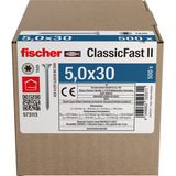 fischer Spanplattenschraube ClassicFast II 5,0x30 Senkkopf TX 500 Stück, mit Vollgewinde, verzinkt
