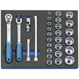 GEDORE Steckschlüssel-Sortiment 1/2", 29-teilig mit Umschalt-Knarre/Gelenkgriff, in 2/4 Check-Tool-Modul