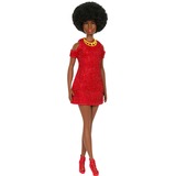 Mattel Barbie Fashionistas Puppe #221 mit schwarzen Haaren, rotem Kleid und Accessoires 