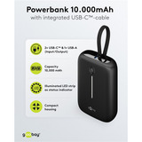 goobay Powerbank 10.000 mAh, integriertes USB-C Kabel 13cm, 20 Watt schwarz, 10 Ah, 1x USB-A, 2x USB-C, PD, QC