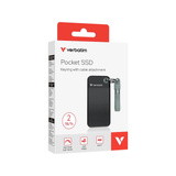 Verbatim Pocket SSD 2 TB, Externe SSD schwarz/grau, USB-C 3.2 Gen 2 (10 Gbit/s), mit Schlüsselring und Kabelhalter