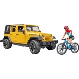 bruder Jeep Wrangler Rubicon Unlimited, Modellfahrzeug gelb/schwarz, Inkl. Mountainbike und Radfahrer