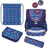 Herlitz UltraLight Plus Geomatric, Schulranzen blau/rot, inkl. 16 tlg. Schüleretui, Faulenzermäppchen, Sportbeutel