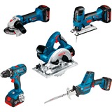 Bosch Kombi-Set GSR 18V-28 + GST 18V-LI S + GWS 18-125V-LI + GKS 18 V-LI + GSA 18 V-LI C, Säge blau/schwarz, 5 Maschinen, 3x Li-Ionen Akku 4,0Ah