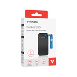 Verbatim Pocket SSD 2 TB, Externe SSD schwarz/blau, USB-C 3.2 Gen 2 (10 Gbit/s), mit Schlüsselring und Kabelhalter