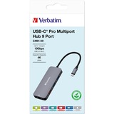 Verbatim USB-C Pro Multiport-Hub CMH-09, 9 Port , Dockingstation grau, HDMI, RJ-45, 3x USB-A, 2x USB-C, PD, SD, microSD