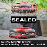 EINHELL Akku Power-X-Change Plus 18Volt 4,0Ah SEALED rot/schwarz, IP57, wasserfest, Kurzschlusssicherung
