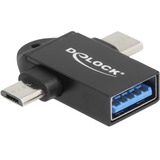 DeLOCK USB 3.2 Gen 1 Adapter 2 in 1, USB-A Buchse > USB-C + Micro-USB B, OTG schwarz, 10 Gbps, Laden mit bis zu 10 Watt, abgewinkelte Stecker
