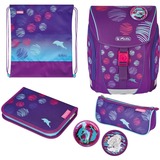 Herlitz FiloLight Plus Sea Bubbles, Schulranzen dunkelblau/violett, inkl. befülltem 16 tlg. Schüleretui, Faulenzer Mäppchen, Sportbeutel