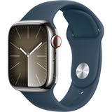 Apple Watch Series 9, Smartwatch silber/dunkelblau, Edelstahl, 41 mm, Sportarmband, Cellular