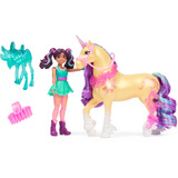 Spin Master Unicorn Academy - Ava und Einhorn Leaf, Spielfigur mit echter Mähne und Schweif sowie Bürste