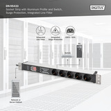 Digitus 19" Steckdosenleiste mit Aluminiumprofil, 5-fach, 1HE schwarz/aluminium, 2 Meter Kabel, Schalter, Überspannungsschutz, Netzfilter, Stecker Typ-C