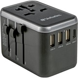 Verbatim Universal-Reiseadapter UTA-04, Reisestecker schwarz/silber, 3x USB-A, 2x USB-C