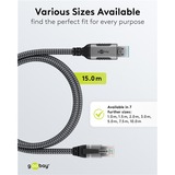 goobay Ethernet-Kabel USB-A 3.2 Gen1 Stecker > RJ-45 Stecker, LAN-Adapter schwarz/silber, 15 Meter, geflochtener Textilmantel