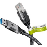 goobay Ethernet-Kabel USB-A 3.2 Gen1 Stecker > RJ-45 Stecker, LAN-Adapter schwarz/silber, 15 Meter, geflochtener Textilmantel