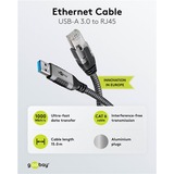 goobay Ethernet-Kabel USB-A 3.2 Gen1 Stecker > RJ-45 Stecker, LAN-Adapter schwarz/silber, 15 Meter, geflochtener Textilmantel