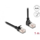 DeLOCK Patchkabel RJ-45 Cat.6a S/FTP, Slim 90° gewinkelt schwarz, 1 Meter, 1x gerader, 1x unten abgewinkelter Stecker