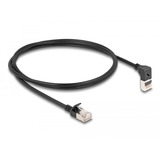 DeLOCK Patchkabel RJ-45 Cat.6a S/FTP, Slim 90° gewinkelt schwarz, 1 Meter, 1x gerader, 1x unten abgewinkelter Stecker