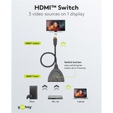 goobay HDMI-Umschaltbox 3 auf 1 (4K @ 60Hz), HDMI Switch schwarz, 55cm Kabel