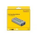 DeLOCK USB 3.2 Gen 1 Hub mit 4 Ports + 1 Schnellladeport, USB-Hub grau, mit Schalter und Beleuchtung