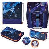 Herlitz FiloLight Plus Galaxy Game, Schulranzen dunkelblau/orange, inkl. befülltem 16 tlg. Schüleretui, Faulenzer Mäppchen, Sportbeutel