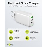 goobay USB-C Multiport-Schnellladegerät, PD, GaN, 65 Watt weiß, 2x USB-C, 1x USB-A, Power Delivery, QuickCharge