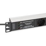 Digitus Steckdosenleiste 19" PDU mit Aluminiumprofil, 7-fach schwarz/aluminium, 2 Meter Kabel, 1 HE, mit Schalter und Überspannungsschutz