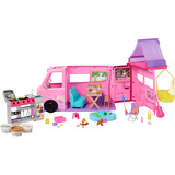 Mattel Barbie Super Abenteuer-Camper Spielset, Spielfahrzeug mit Dachzelt, Grill mit Farbwechseleffekt und 60 Zubehörteilen