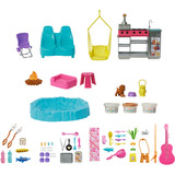 Mattel Barbie Super Abenteuer-Camper Spielset, Spielfahrzeug mit Dachzelt, Grill mit Farbwechseleffekt und 60 Zubehörteilen
