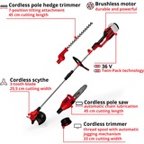 Einhell Akku-Multifunktionswerkzeug GE-LM 36/4in1 Li-Solo, 36Volt (2x18V), Rasentrimmer rot/schwarz, ohne Akku und Ladegerät, 4in1: Motorsense, Heckenschere, Hochentaster