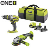 Ryobi ONE+ Akku Schlagbohrschrauber- / Winkelschleifer-Set R18PDAG-242S, 18Volt, Werkzeug-Set grün/schwarz, Li-Ionen Akku 2,0Ah + 4,0Ah, Werkzeugtasche