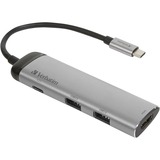 Verbatim USB 3.2 Gen 1 Multiport-Hub, USB-C Stecker > 2x USB-A + USB-C Buchse + HDMI-Buchse, USB-Hub silber/schwarz, PD, Laden mit bis zu 100 Watt