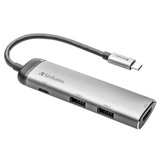Verbatim USB 3.2 Gen 1 Multiport-Hub, USB-C Stecker > 2x USB-A + USB-C Buchse + HDMI-Buchse, USB-Hub silber/schwarz, PD, Laden mit bis zu 100 Watt