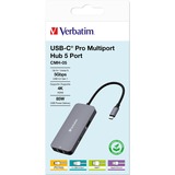 Verbatim USB-C Pro Multiport-Hub CMH-05, 5 Port, Dockingstation grau, HDMI, RJ-45, 2x USB-A, USB-C PD