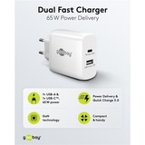 goobay USB-C Dual-Schnellladegerät, PD, GaN, 65 Watt weiß, 1x USB-C, 1x USB-A, Power Delivery