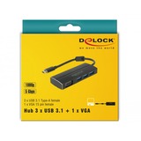 DeLOCK USB 3.2 Gen 1 Multiport-Hub, USB-C Stecker > 3x USB-A + VGA Buchse, USB-Hub schwarz, 15cm