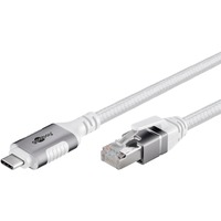 goobay Ethernet-Kabel USB-C 3.2 Gen2 Stecker > RJ-45 Stecker, LAN-Adapter weiß, 2 Meter, geflochtener Textilmantel