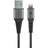 goobay USB 2.0 Adapterkabel, USB-A Stecker > Lightning Stecker grau/silber, 1 Meter, gesleevt, Metallstecker