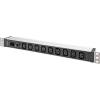 Digitus 19" Steckdosenleiste mit Aluminiumprofil, 9-fach C13, 1HE schwarz/aluminium, Leitungsschutzschalter 10 A, IEC C14-Eingang
