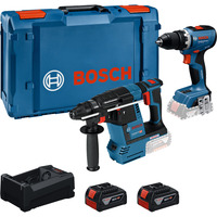 Bosch Combo Kit Akku-Bohrschrauber 18 Volt 65 + Bohrhammer 18 Volt 26 mit 2 Akkus 5 Ah und Ladegerät, Sets Kit