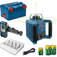 Bosch Rotationslaser GRL 300 HVG Professional, mit Halterung blau/schwarz, grüne Laserlinie, mit Laser-Empfänger LR 1, VARTA Ladegerät + Akkus, in L-BOXX