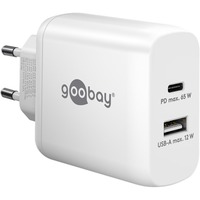 goobay USB-C Dual-Schnellladegerät, PD, GaN, 65 Watt weiß, 1x USB-C, 1x USB-A, Power Delivery