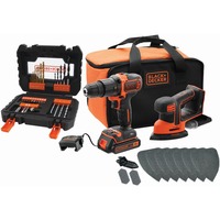 BLACK+DECKER 18V Combo-Kit BCK23S1SA41: Akku-Schlagbohrschrauber + Akku-Mouse schwarz/orange, Li-Ionen Akku 1,5Ah, 41-tlg. Zubehör-Set