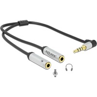 DeLOCK Headset Adapter 3,5mm 4Pin Klinkenstecker > 2x 3,5mm 3Pin Klinkenbuchse (CTIA), Y-Kabel schwarz/silber, mit Lautstärkeregler, gewinkelt