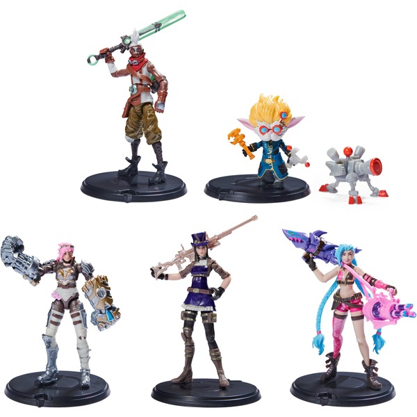 Spin Master League of Legends - paket 5 akcijskih figur 10 cm, igralne figure Vi, Caitlyn, Ekko, Heimerdinger in ekskluzivni Jinx, vsaka z dodatki, razstavna baza