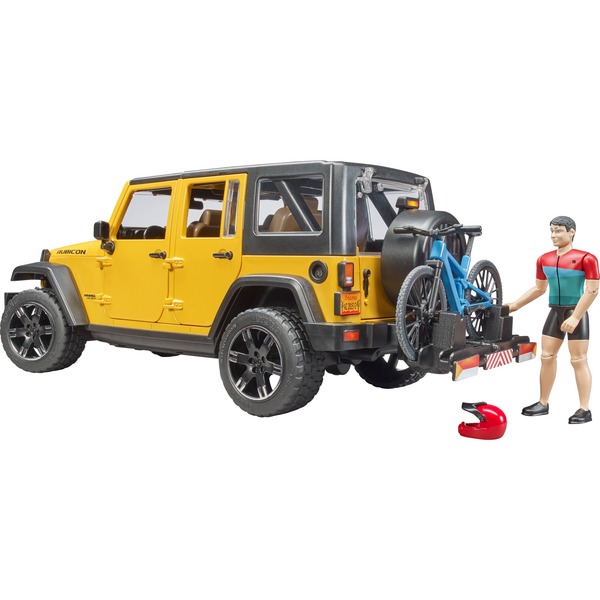 bruder Jeep Wrangler Rubicon Unlimited, model vozila rumeno/črna, vključno z gorskim kolesom in kolesarjem
