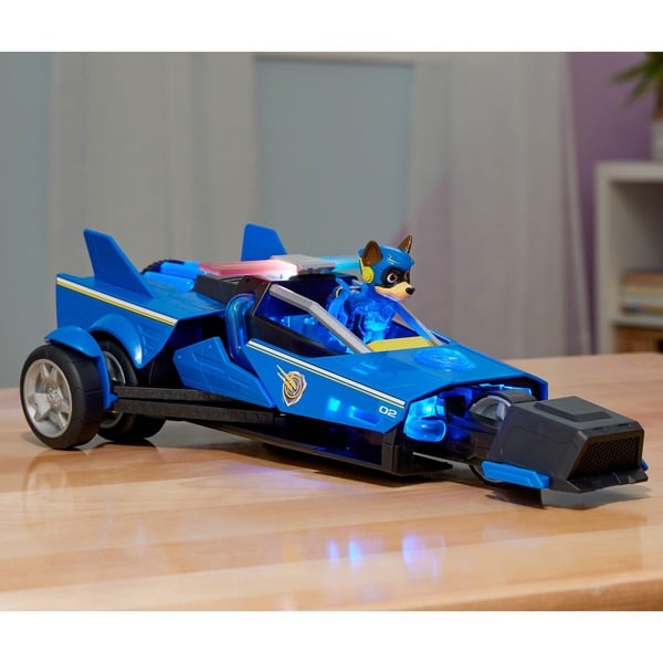 Spin Master Paw Patrol: The Mighty Movie, Chase's Deluxe Superhero Rocket Vehicle, modra/črna igrača vozilo, vključno s figuro Chase