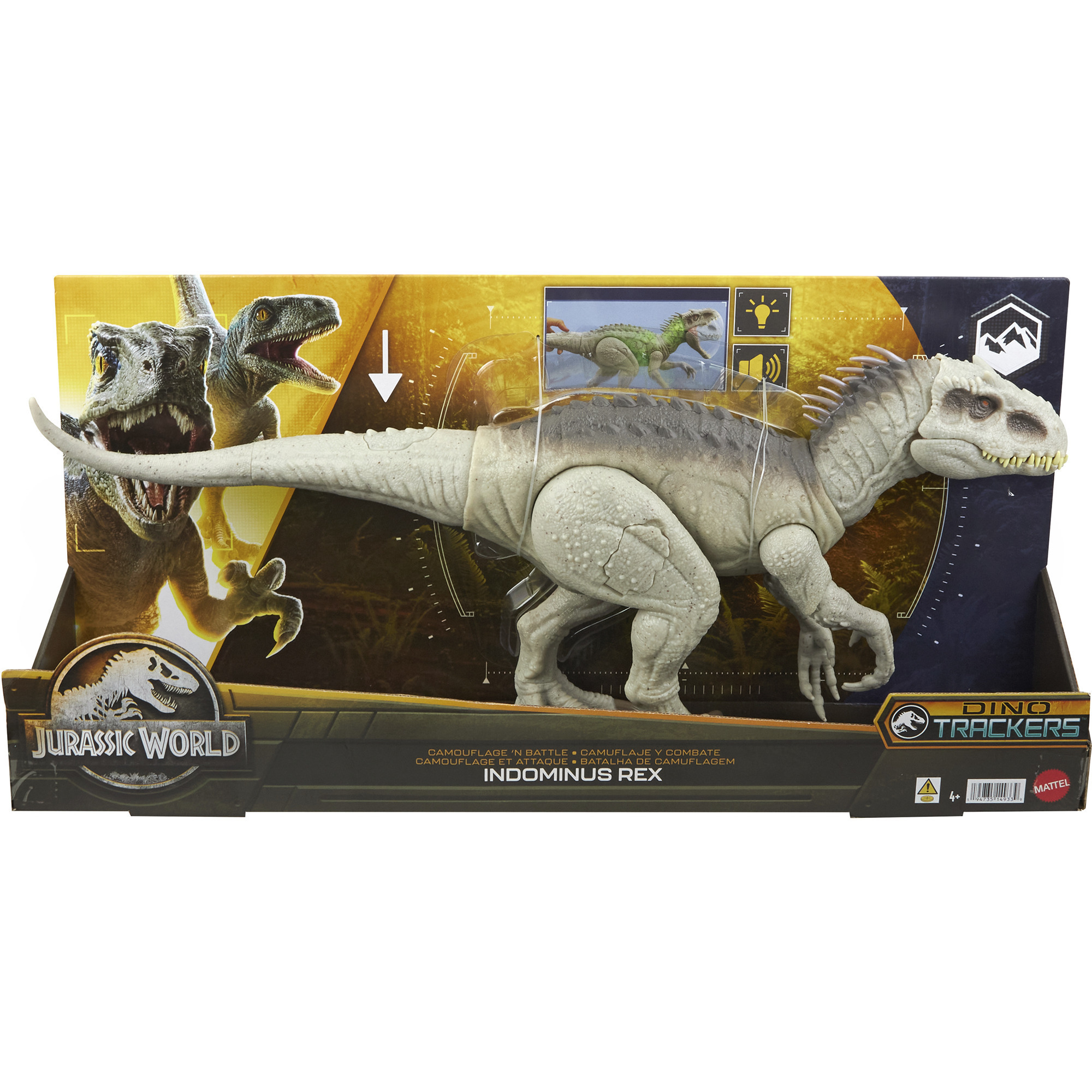 Mattel Jurassic World Tarnen und Kämpfen Indominus Rex, Spielfigur mit Lichtern, Sound und Bewegungsmechanismus