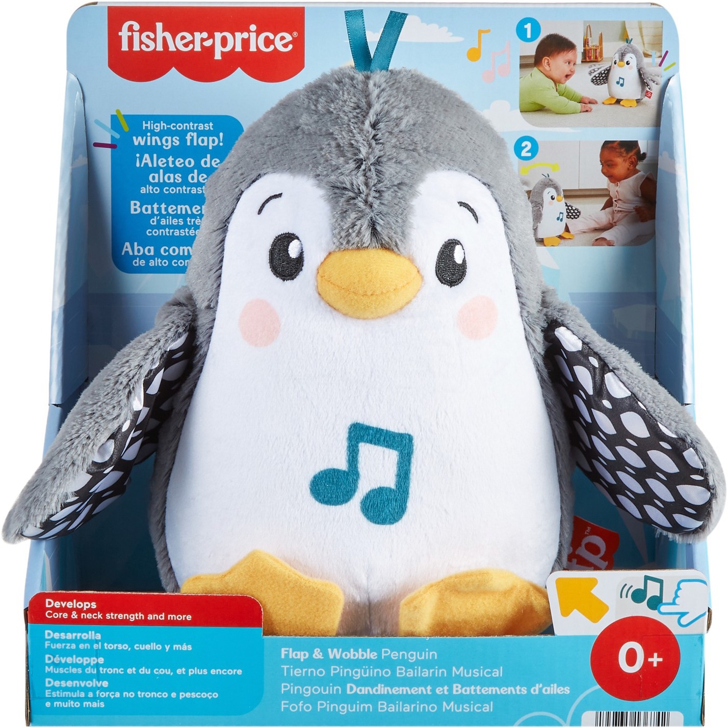 Fisher-Price Flatter & Wackel Pinguin, Kuscheltier schwarz/weiß, zum Spielen in der Bauchlage, mit Musik