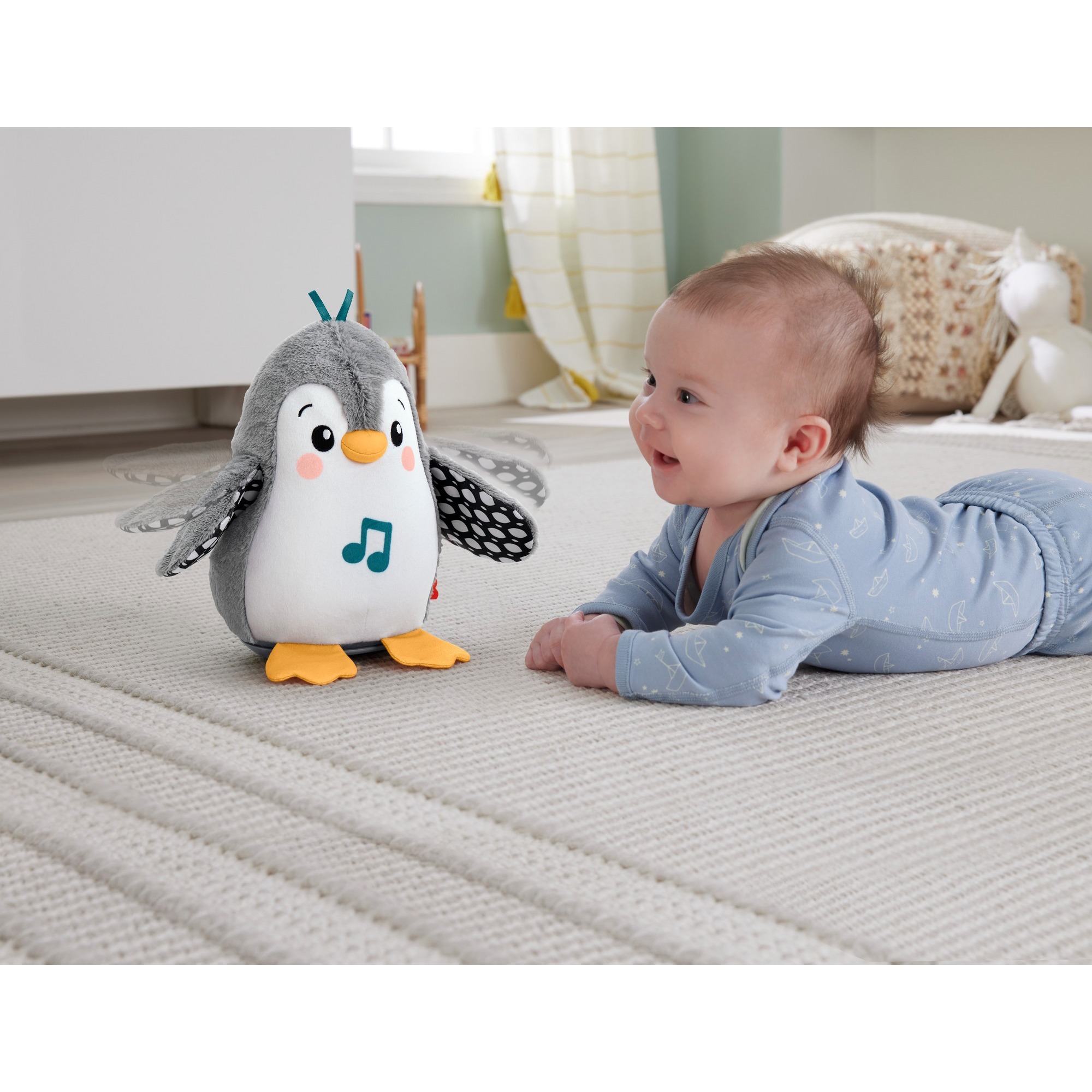 Fisher-Price Flatter & Wackel Pinguin, Kuscheltier schwarz/weiß, zum Spielen in der Bauchlage, mit Musik